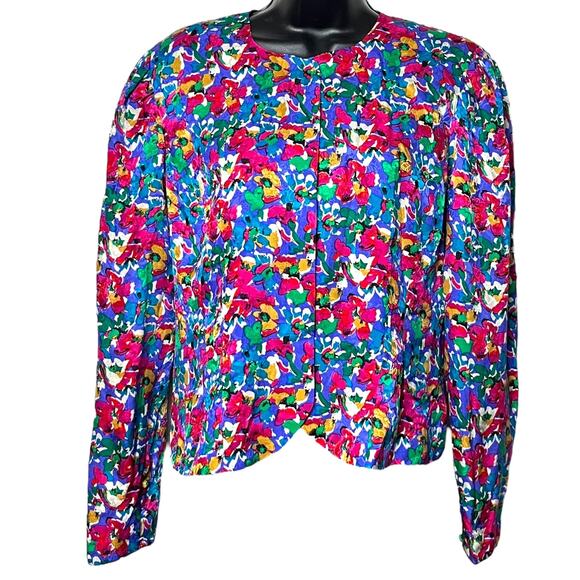 VTG MULTICOLOR FLORAL SILK BLAZER JACKET 80s 90s COLORFUL BY ADRIANNA PAPELL 12 - Picture 1 of 4